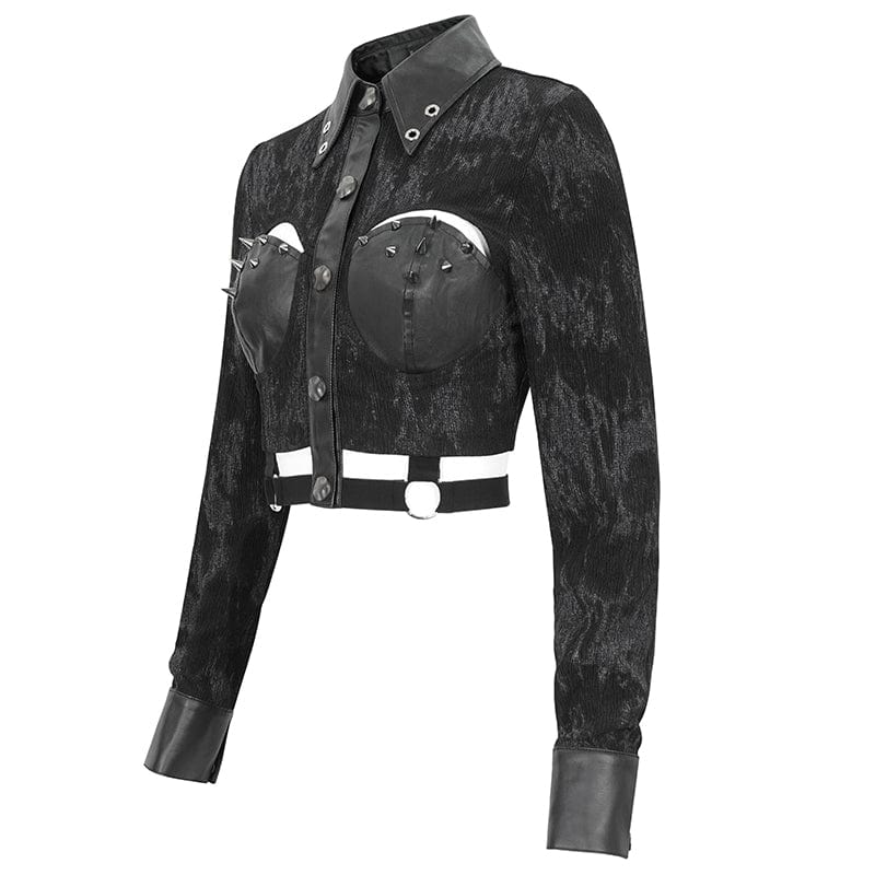 Women's Punk Turn-down Collar Cutout Studded Crop Top - Image 8