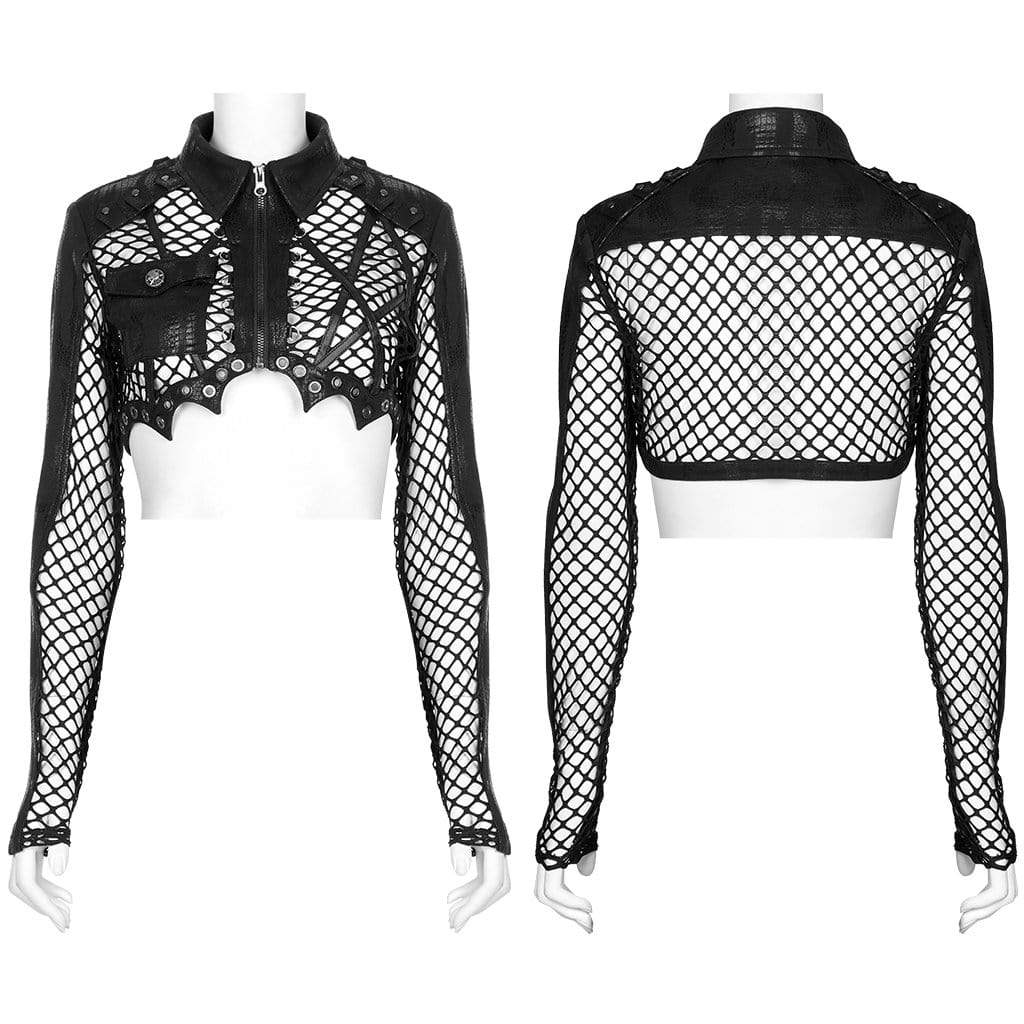 Women's Punk Turn-down Collar Mesh Splice Long Sleeved Crop Top - Image 5