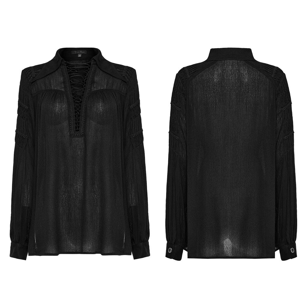 Women's Punk Turn-down Collar Ruched Shirt - Image 5