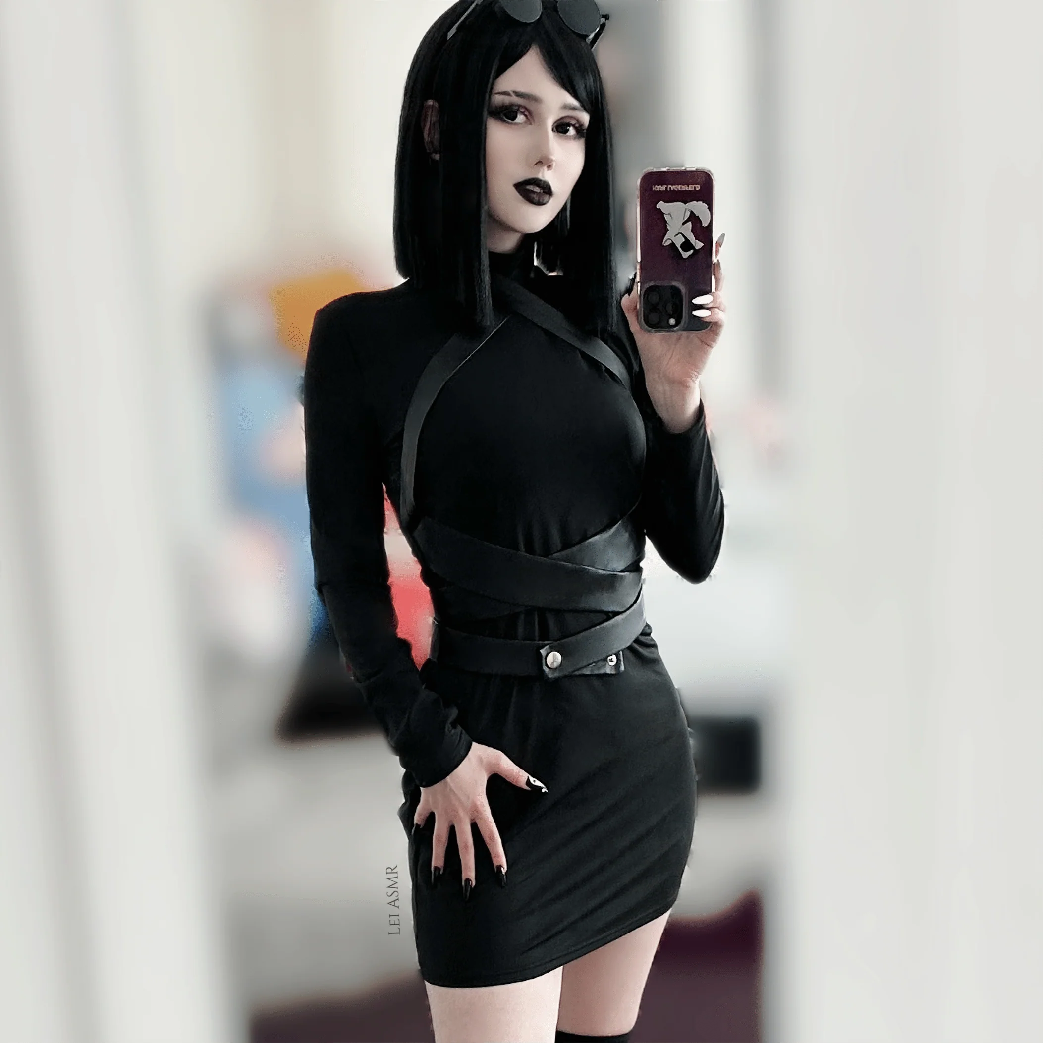 Women's Punk Turtleneck Faux Leather Strap Splice Dress