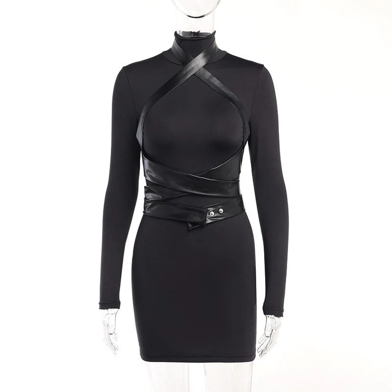 Women's Punk Turtleneck Faux Leather Strap Splice Dress - Image 10