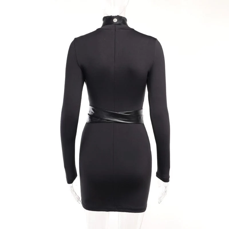 Women's Punk Turtleneck Faux Leather Strap Splice Dress - Image 11