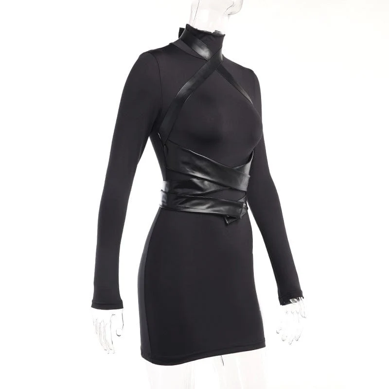 Women's Punk Turtleneck Faux Leather Strap Splice Dress - Image 12