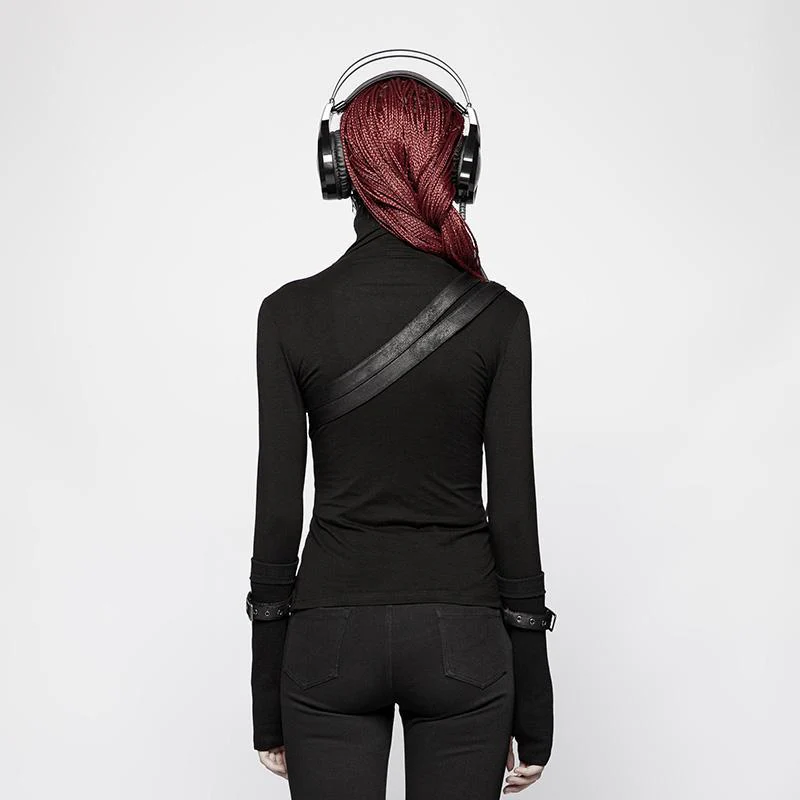 Women's Punk Turtleneck Side Zip Long Sleeved T-shirt With Straps - Image 3