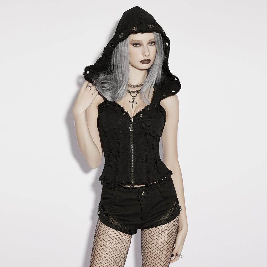 Women's Punk Unedged Zip Vest with Detachable Hood