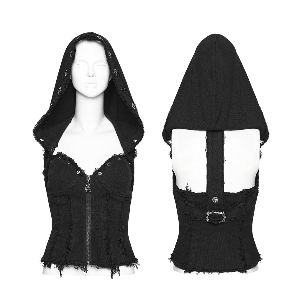 Women's Punk Unedged Zip Vest with Detachable Hood - Image 5