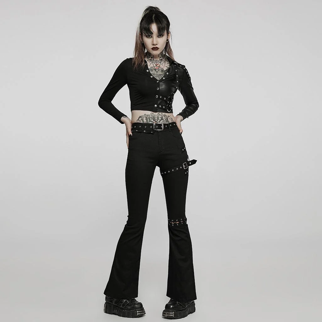 Women's Punk V-neck Splice Rivets Long Sleeved Crop Top - Image 4