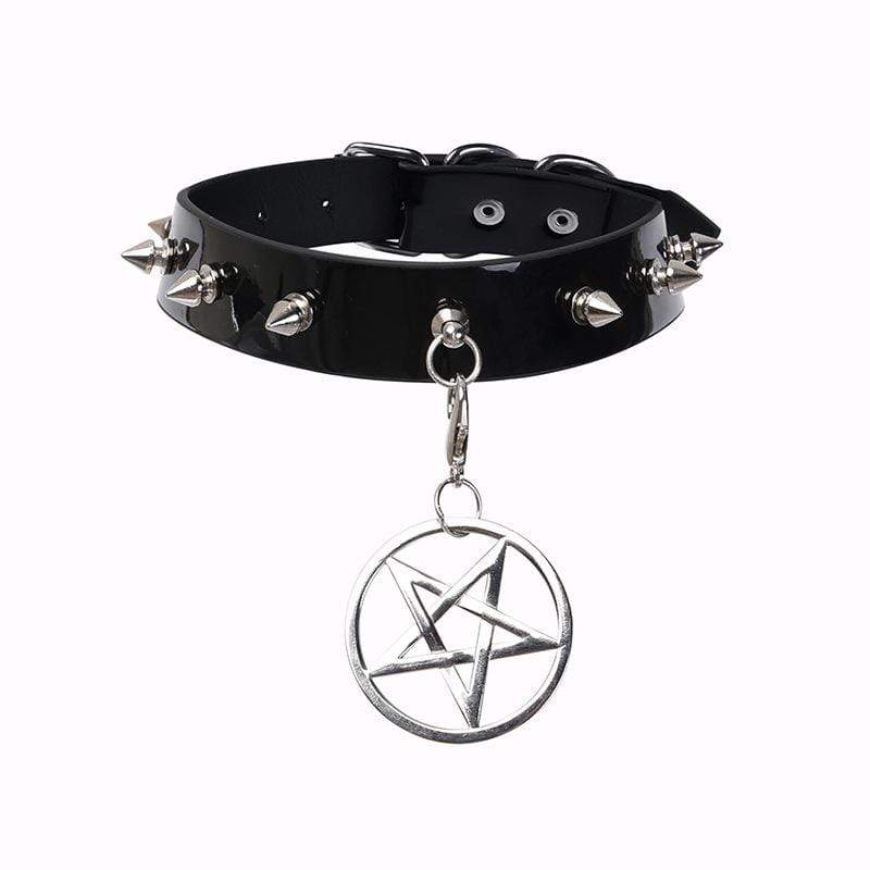 Women's Rivets Pentacle Pendant PU Chokers - Image 3