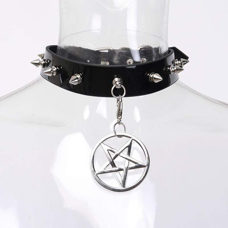 Women's Rivets Pentacle Pendant PU Chokers - Image 7