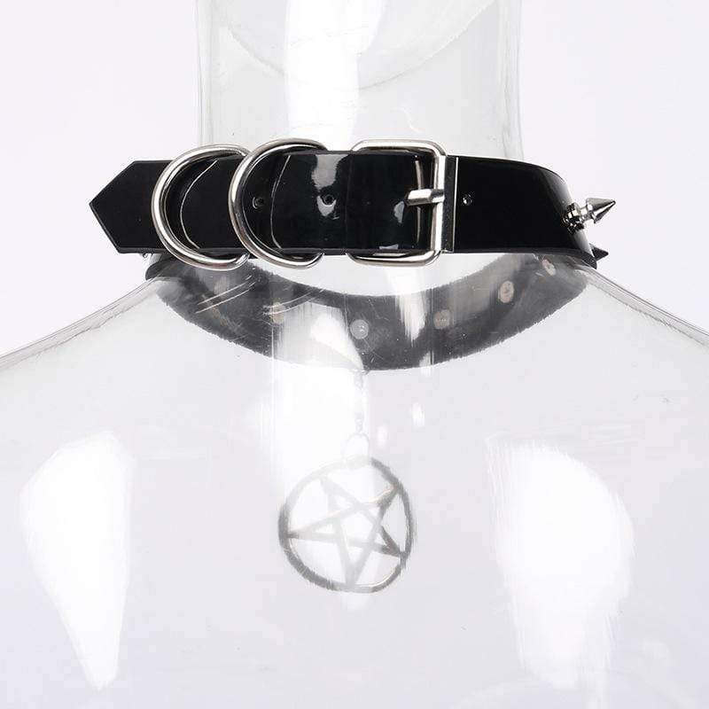 Women's Rivets Pentacle Pendant PU Chokers - Image 8