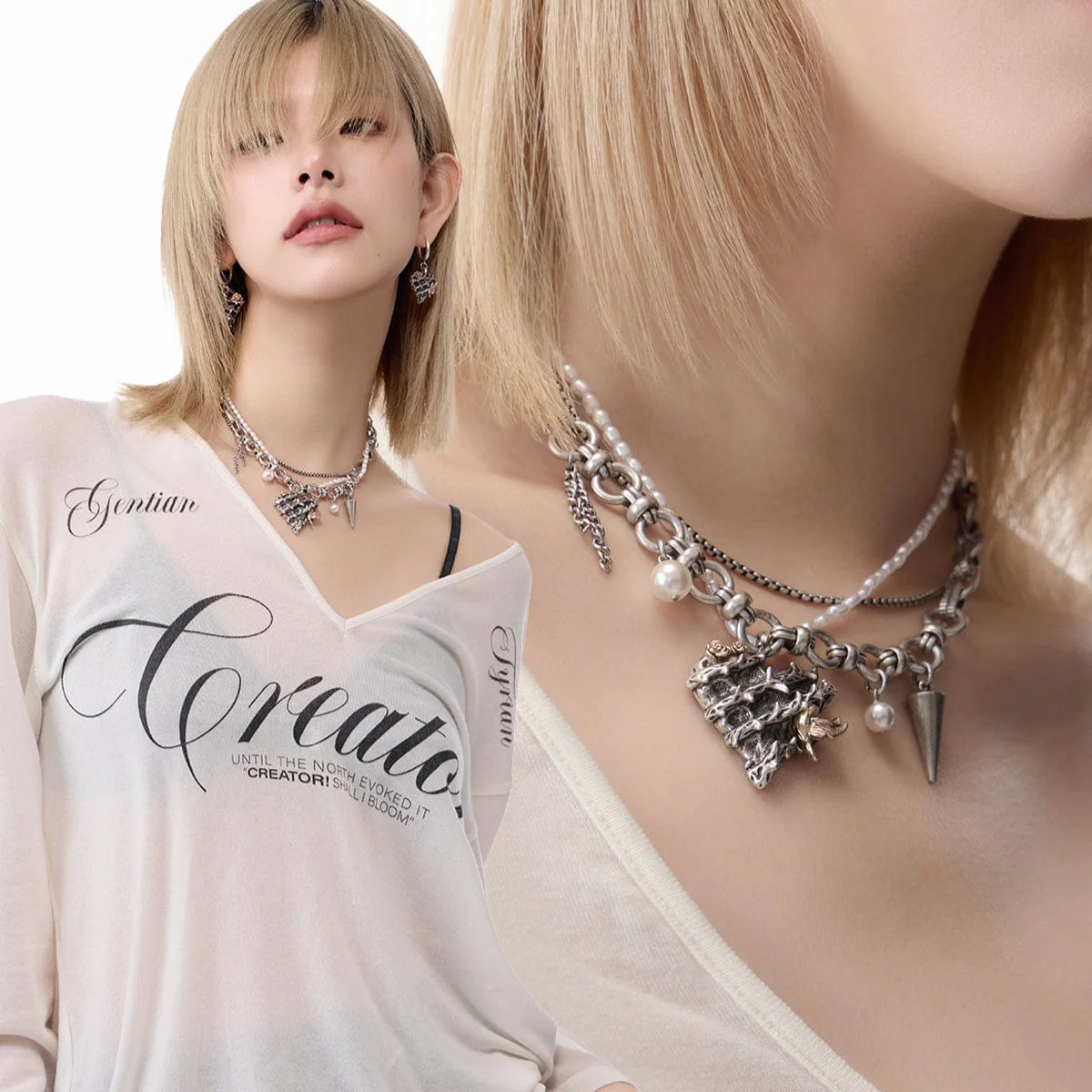 Women's Rockabilly Thorn Rose Heart Layered Choker - Image 2