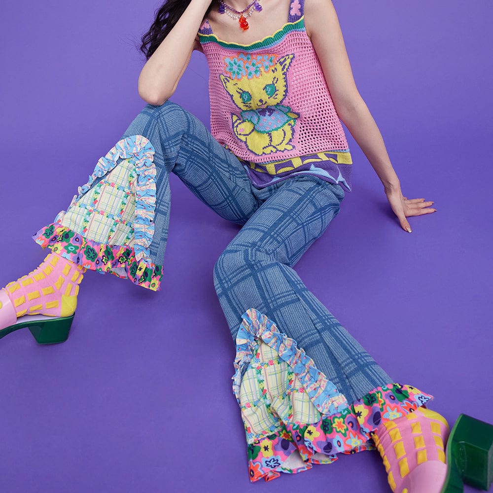 Women's Ruffled Splice Plaid Flared Pants - Image 3
