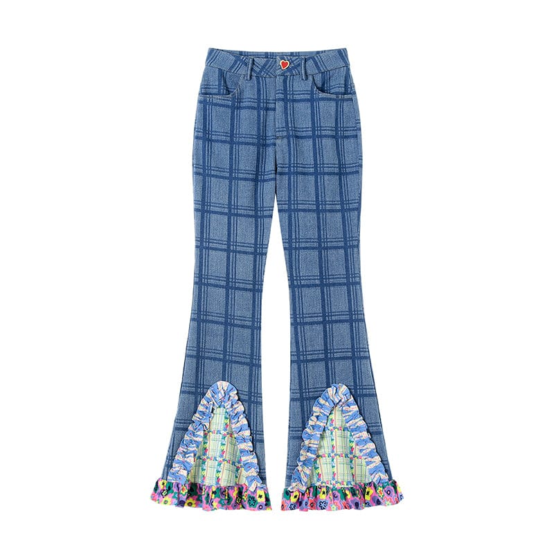Women's Ruffled Splice Plaid Flared Pants - Image 5