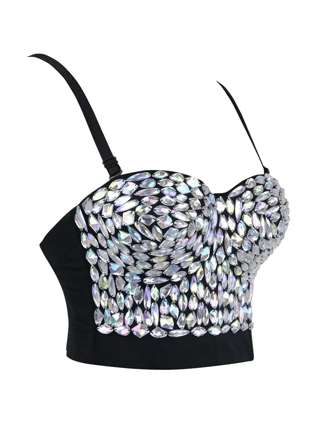 Women's Solid Color Rhinestone Beaded Push Up Bra Studded Gem Clubwear Party Bustier Crop Top - Image 7