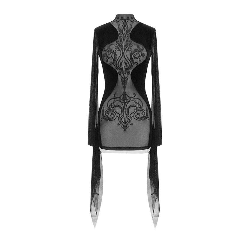 Women's Stand Collar Flare Sleeved Floral Sheer Gauze Dresses - Image 4
