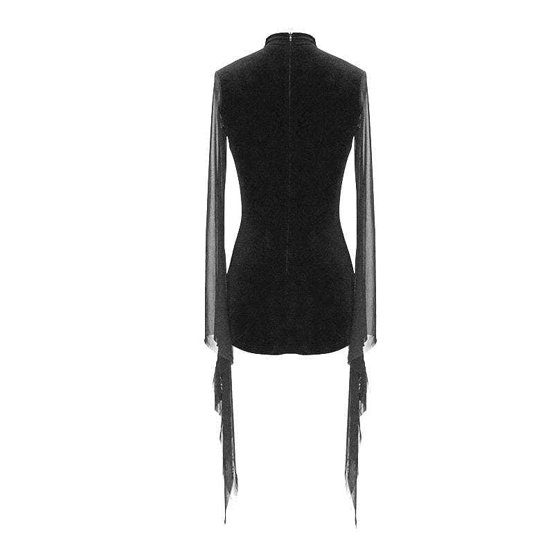 Women's Stand Collar Flare Sleeved Floral Sheer Gauze Dresses - Image 6