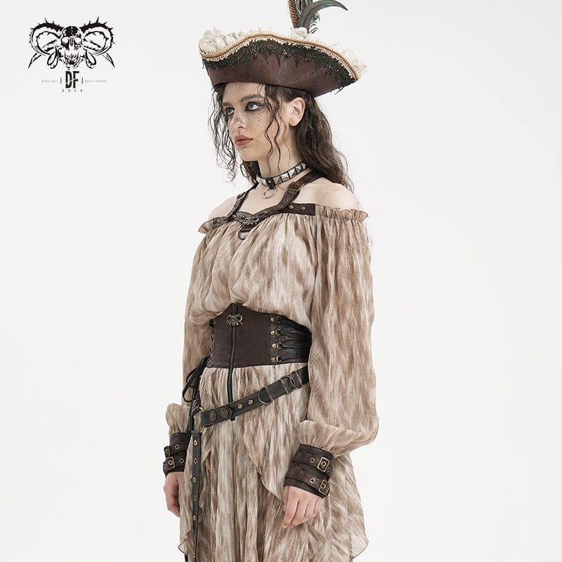 Women's Steampunk Buckle-up Halter Long Sleeve Blouses Coffee - Image 4