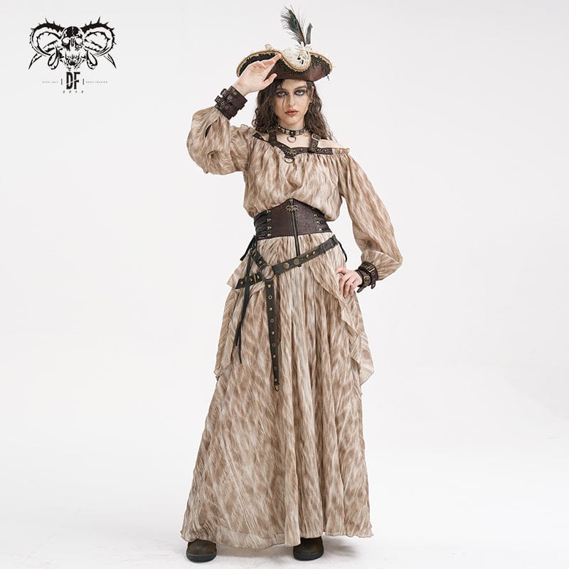 Women's Steampunk Buckle-up Halter Long Sleeve Blouses Coffee - Image 7
