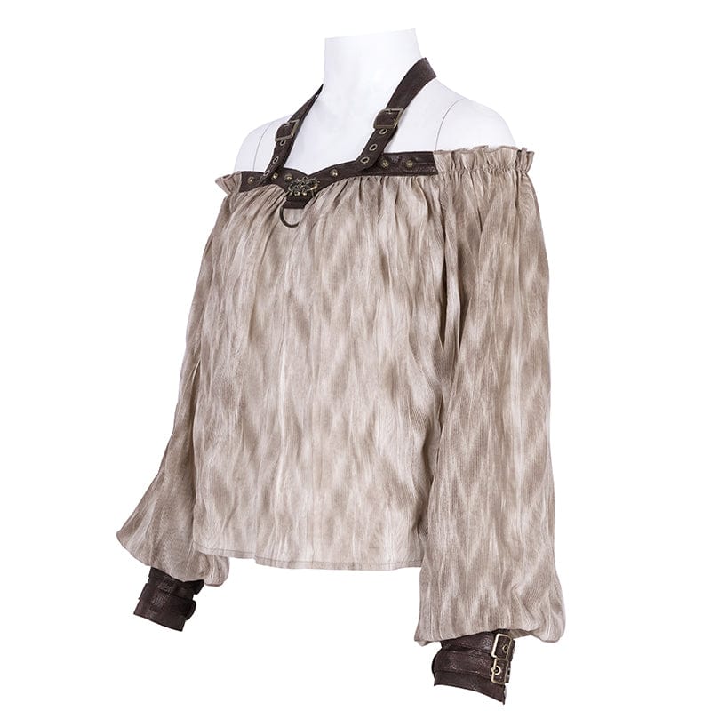 Women's Steampunk Buckle-up Halter Long Sleeve Blouses Coffee - Image 9