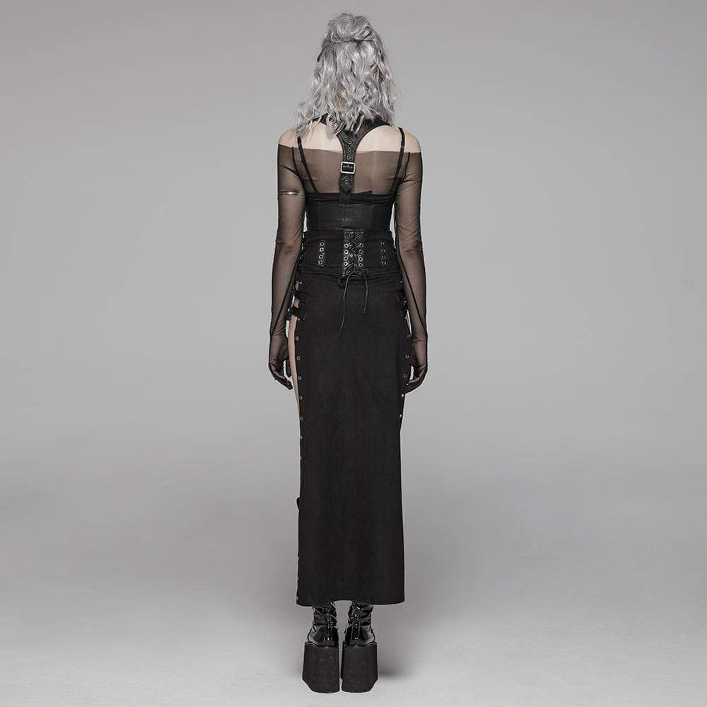 Women's Steampunk Buckle Up Side Slit Maxi Skirt - Image 10
