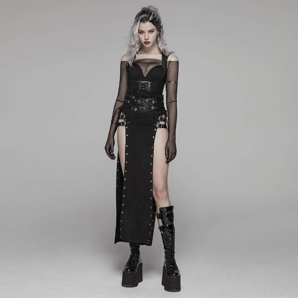Women's Steampunk Buckle Up Side Slit Maxi Skirt - Image 8