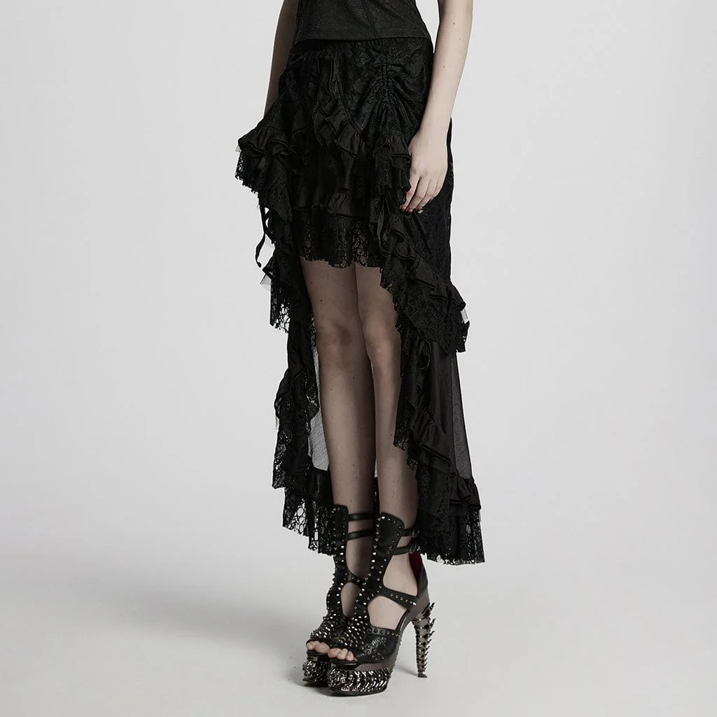 Women's Steampunk Lace Hem Drawstring Skirt Black - Image 2
