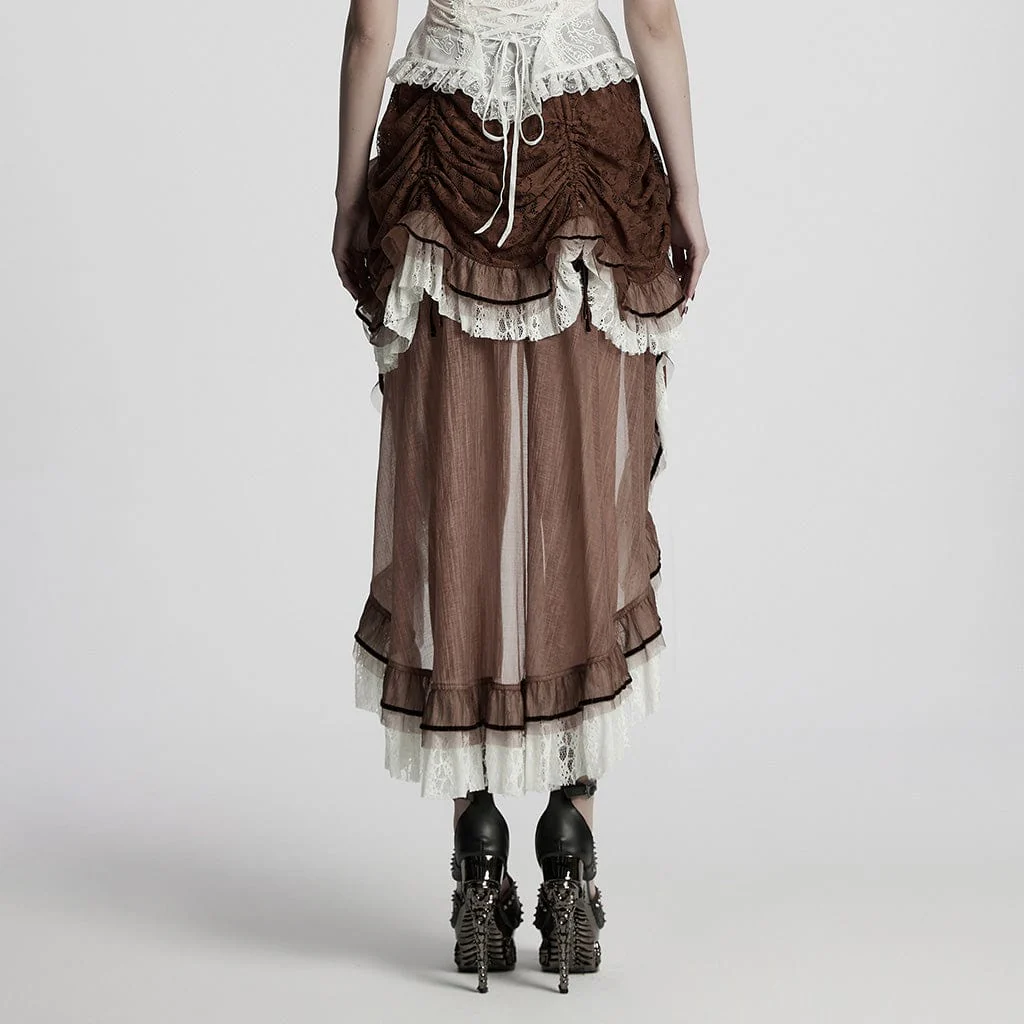 Women's Steampunk Lace Hem Drawstring Skirt Coffee - Image 3