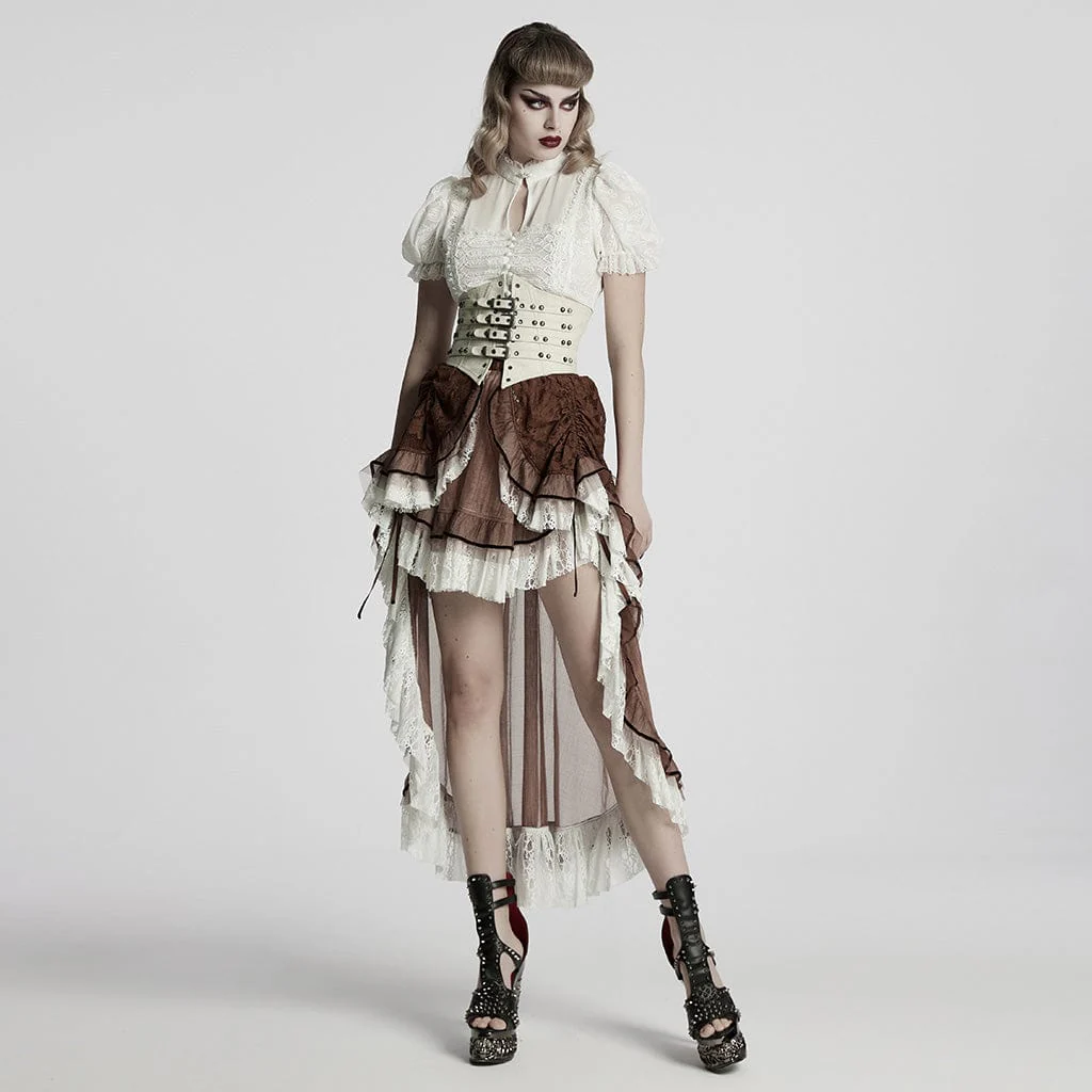 Women's Steampunk Lace Hem Drawstring Skirt Coffee - Image 4
