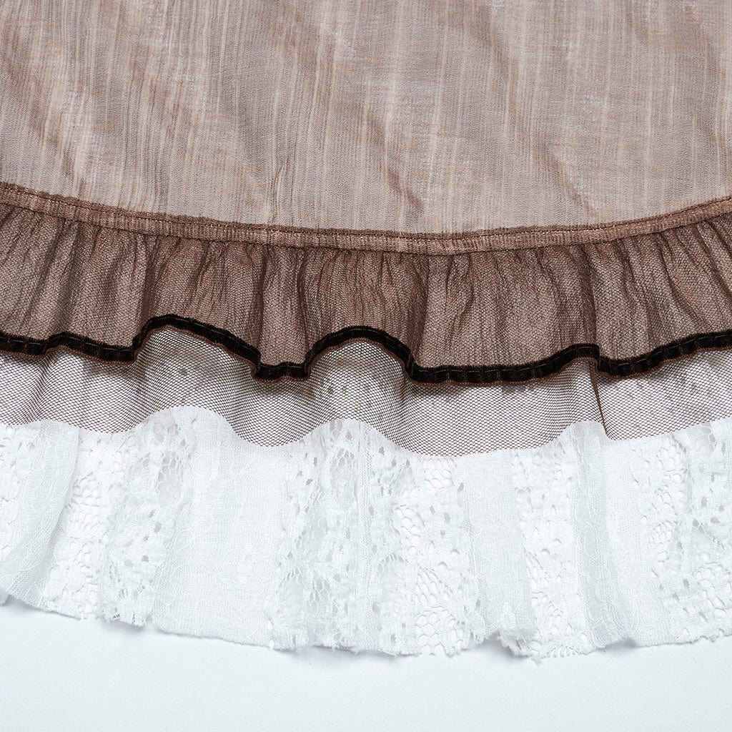 Women's Steampunk Lace Hem Drawstring Skirt Coffee - Image 9