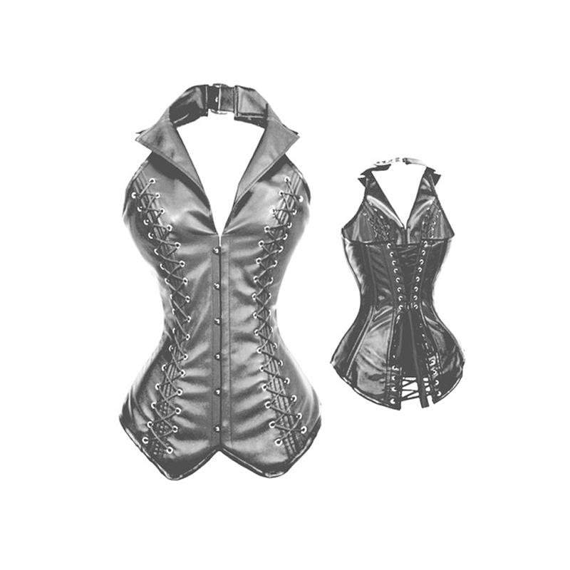 Women's Steampunk Lace Up Faux Leather Halter Corset With G String - Image 6