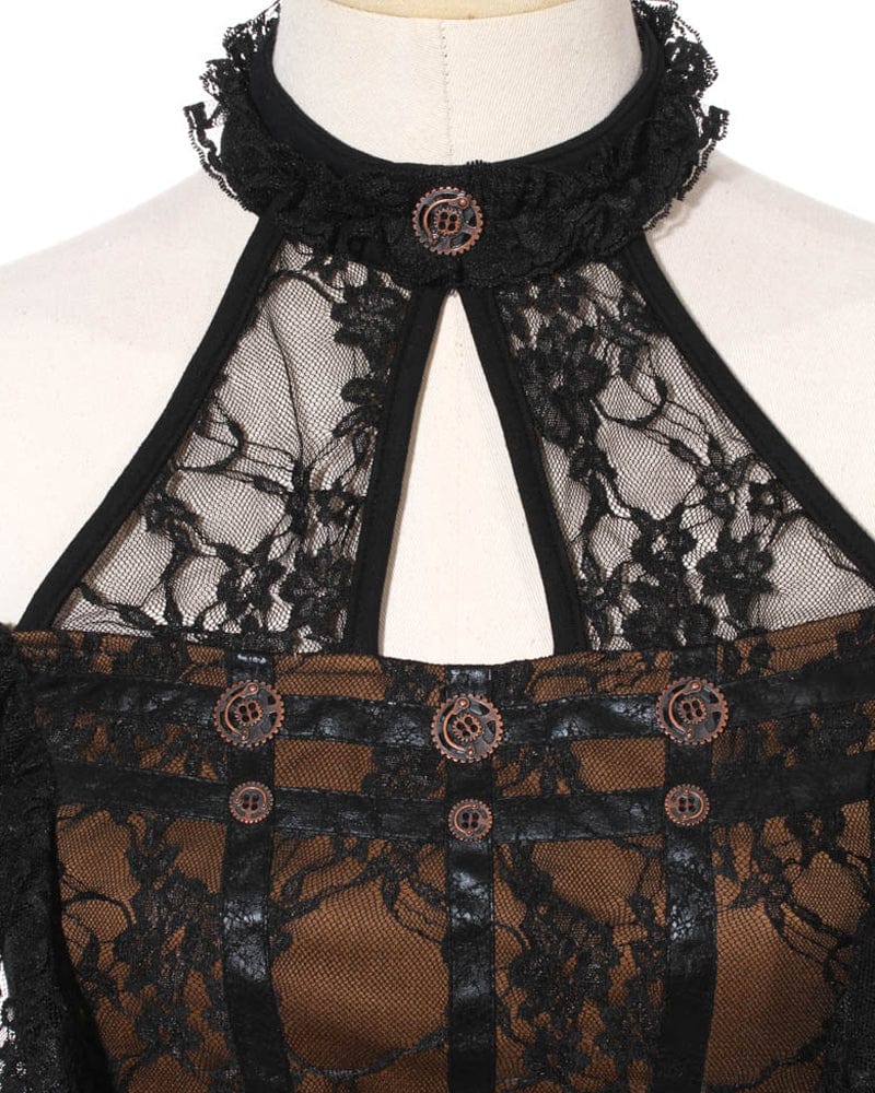 Women's Steampunk Off Shoulder Lace Splice Halterneck Top - Image 4
