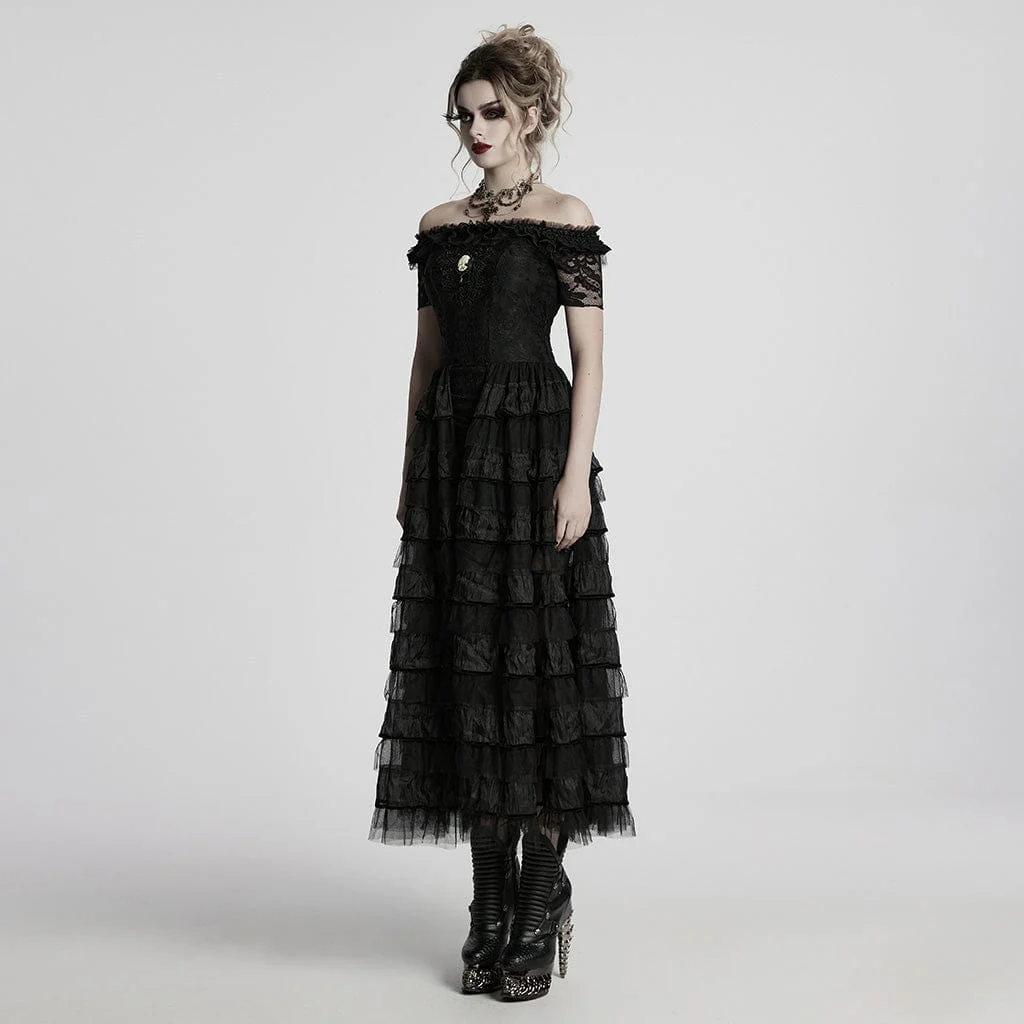 Women's Steampunk Off-the-shoulder Layered Gown Dress Wedding Dress Black - Image 2