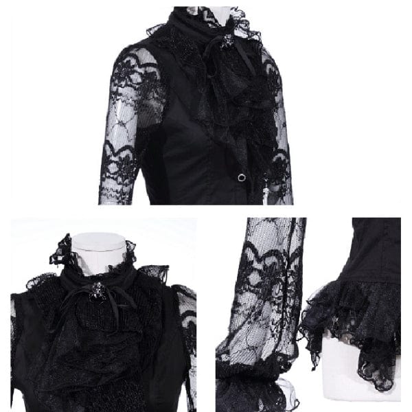 Women's Steampunk Puff Sleeved Lace Splice Shirt with Neckwear - Image 4