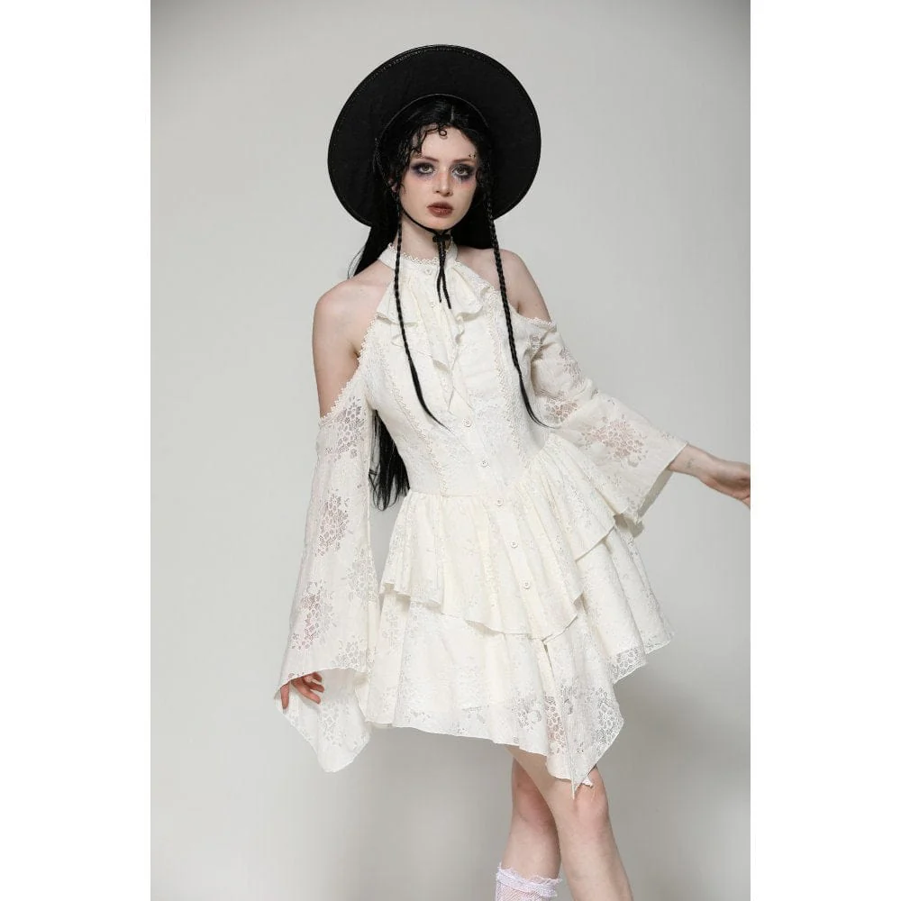 Women's Steampunk Ripped Off Shoulder Dress Beige - Image 3