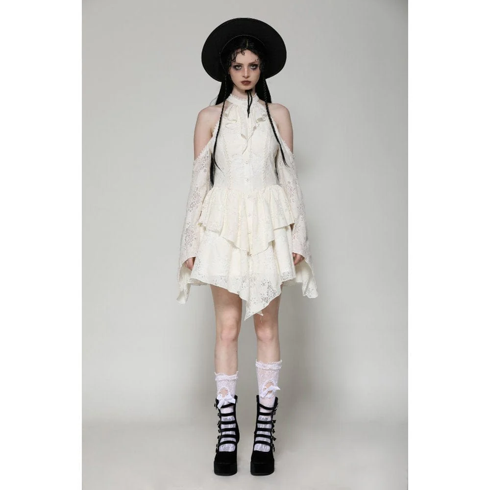 Women's Steampunk Ripped Off Shoulder Dress Beige - Image 4