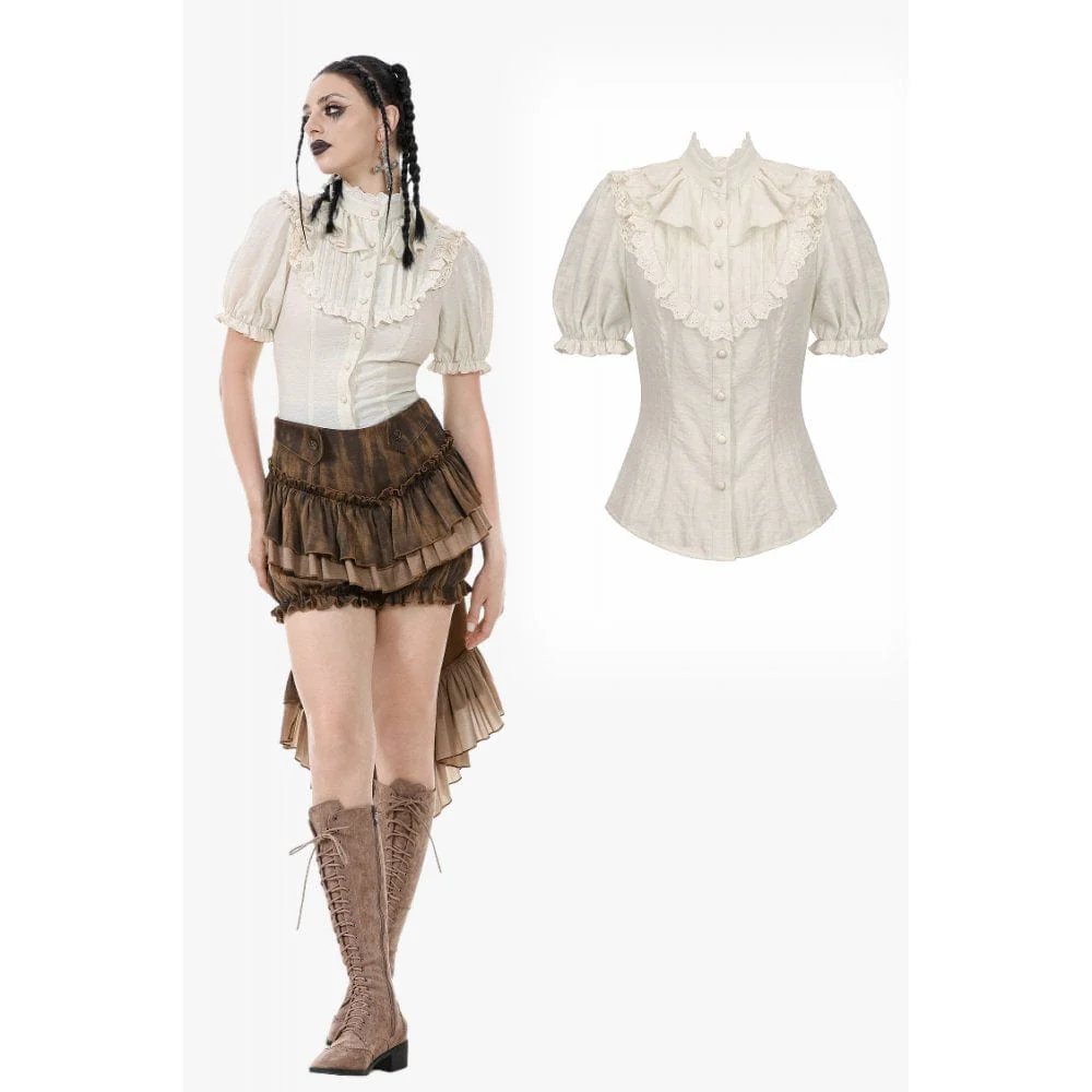 Women's Steampunk Stand Collar Ruffles Short Sleeved Shirt