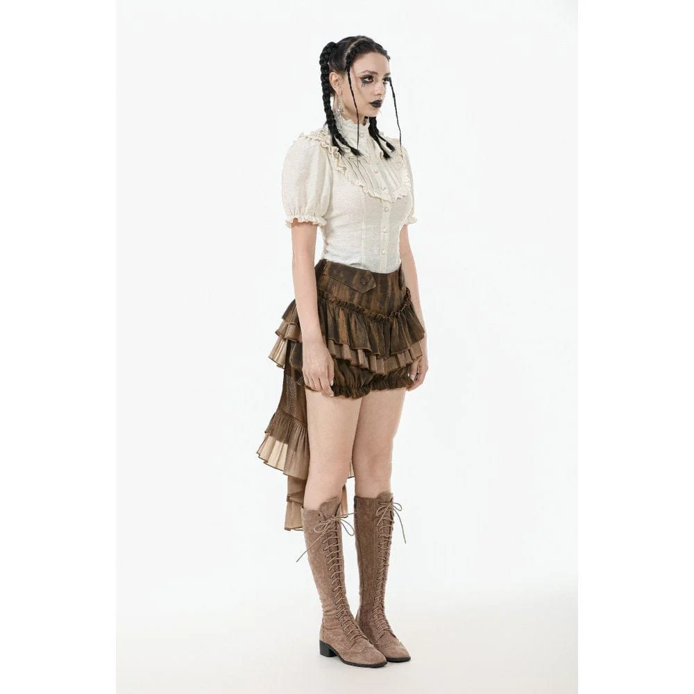 Women's Steampunk Stand Collar Ruffles Short Sleeved Shirt - Image 10