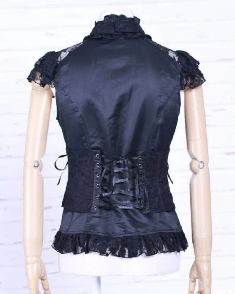Women's Steampunk Strappy Lace Splice Shirt with Neckwear - Image 3
