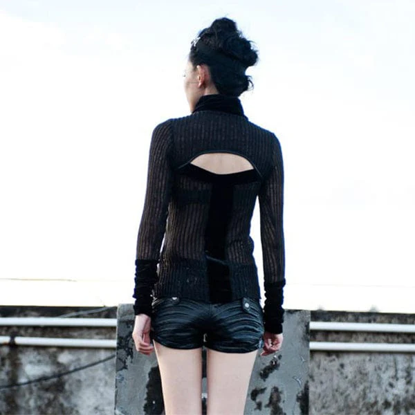 Women's Steampunk Strappy Stand Collar Cutout Knitted Shirt - Image 5