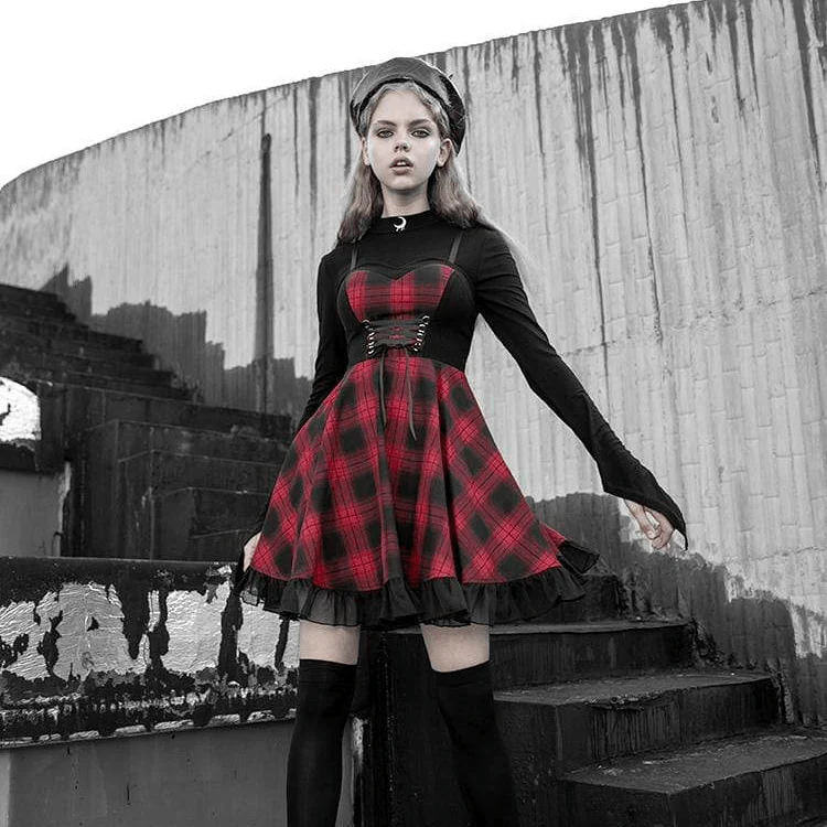 Women's Tight Waisted Lace Yellow Plaid Slip Dresses - Image 3