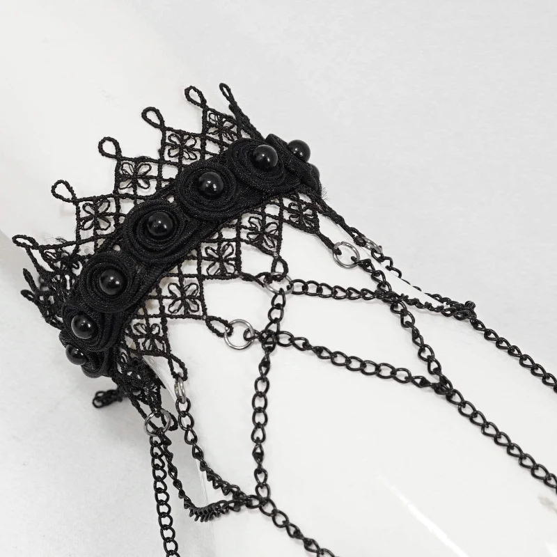 Women's Victorian Gothic Black Lace and Chain Gloves - Image 6