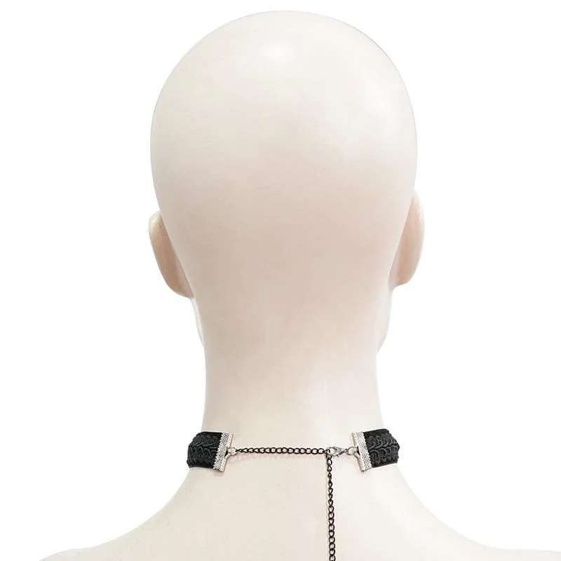 Women's Victorian Gothic Black Lace Choker with Silver Pendant and Red Stones - Image 2