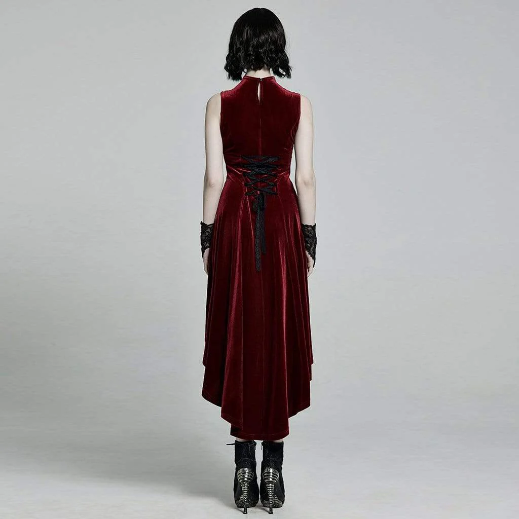 Women's Victorian Gothic High/Low Velet Sleeveless Dresses - Image 3