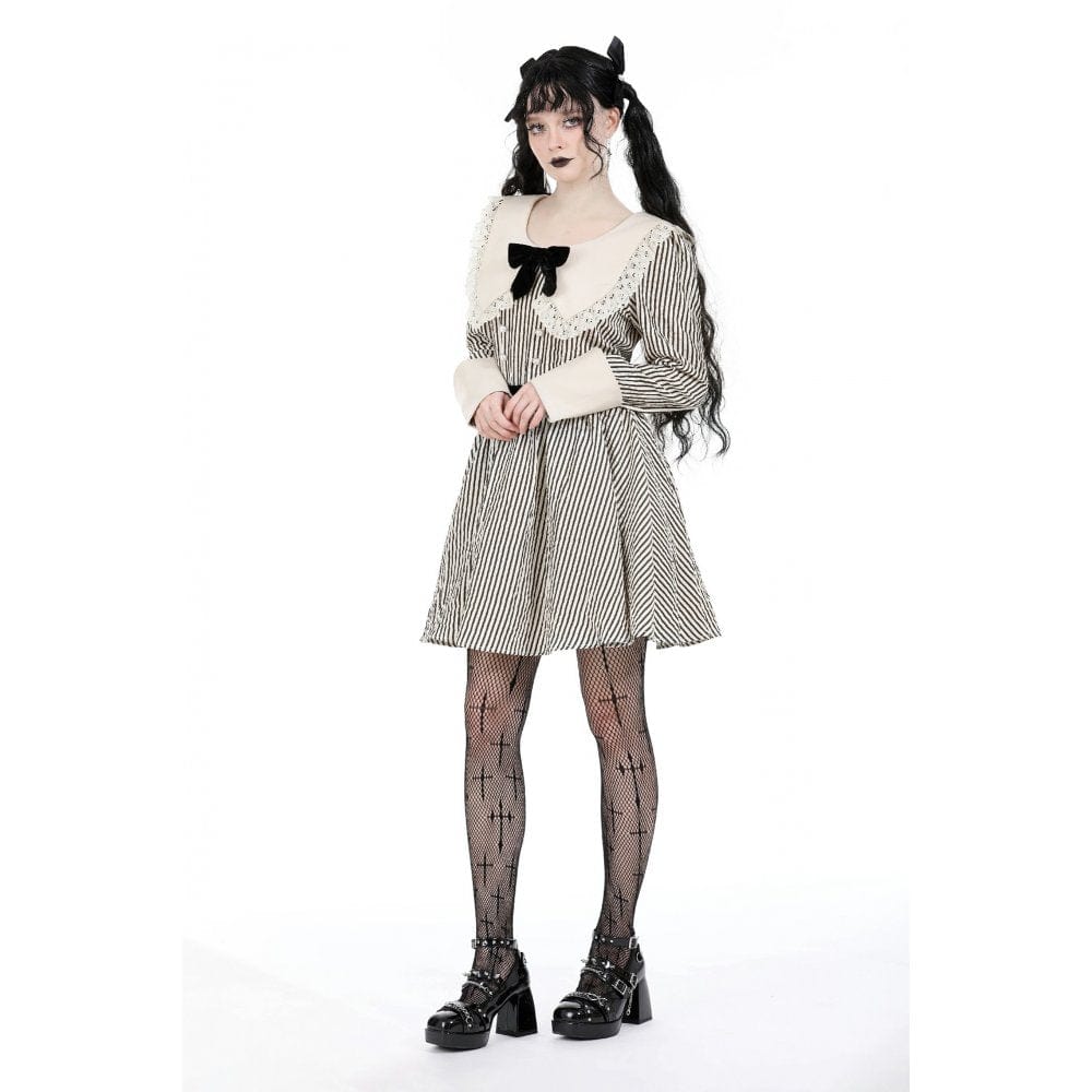 Women's Vintage Doll Collar Striped Dress - Image 6
