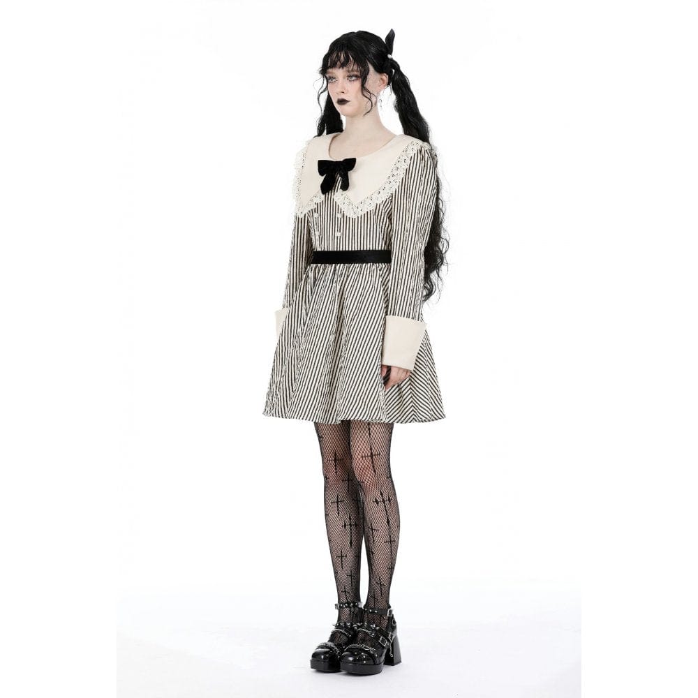 Women's Vintage Doll Collar Striped Dress - Image 8