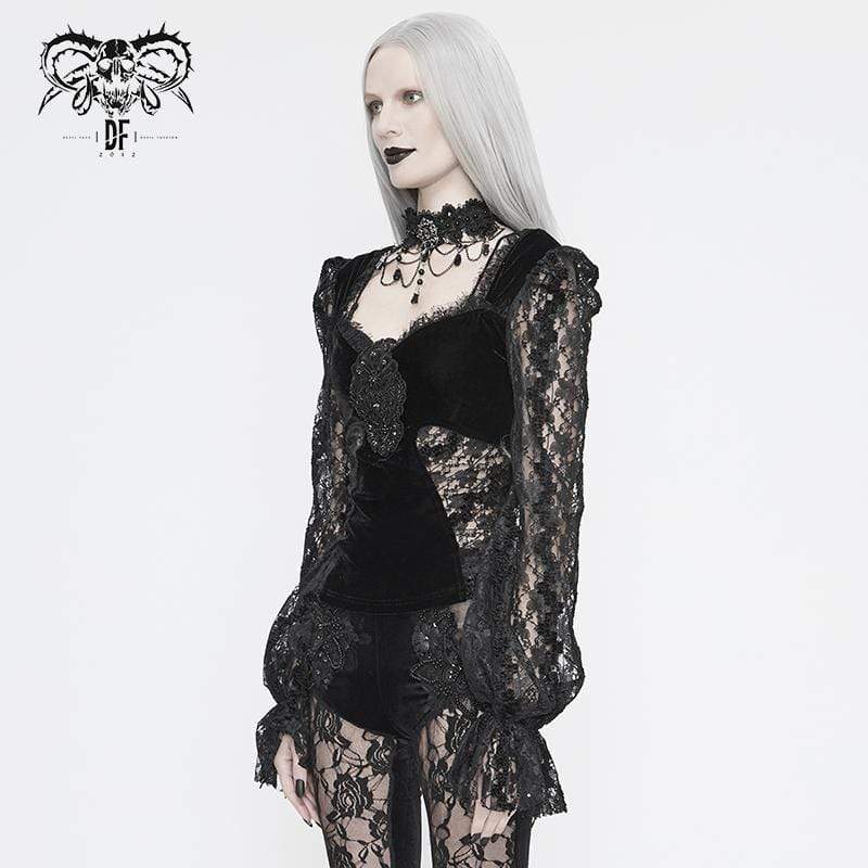 Women's Vintage Gothic Black Velvet and Lace Top with Lace Ruffled Sleeves - Image 2