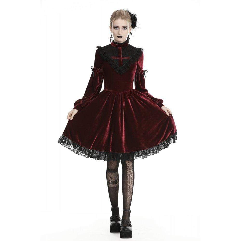 Women's Vintage Lace Collar Velet Dresses Red - Image 3
