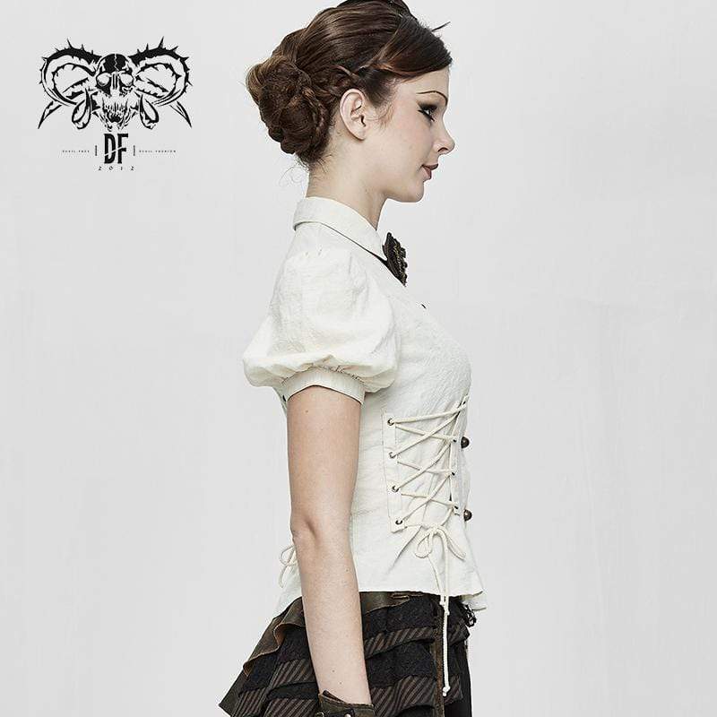 Women's Vintage Lentern Sleeve Lace-up Ivory Shirts - Image 3
