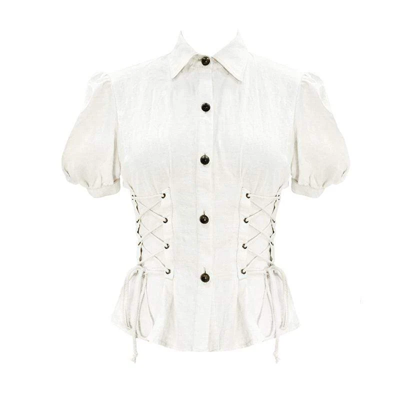 Women's Vintage Lentern Sleeve Lace-up Ivory Shirts - Image 4