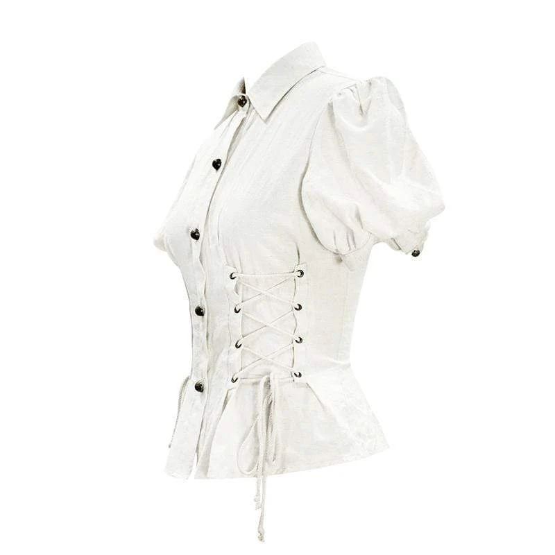 Women's Vintage Lentern Sleeve Lace-up Ivory Shirts - Image 5
